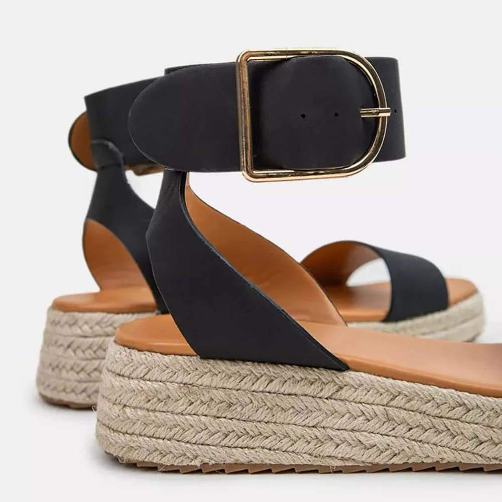 Round Toe Platform Heel Black Buckle Fastening Strappy Sandals