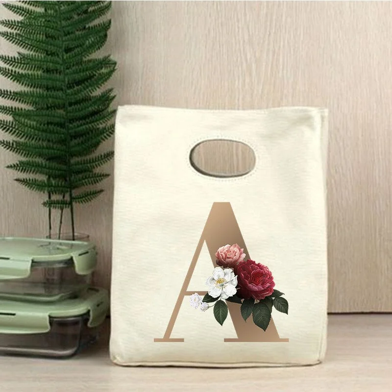 Letter Flower Print Portable Lunch Bag Thermal Insulated Bento Box Tote Office  Picnic School Food Cooler Storage Pouch Handbag