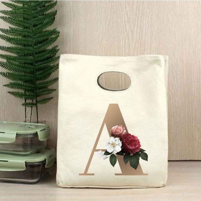 Letter Flower Print Portable Lunch Bag Thermal Insulated Bento Box Tote Office  Picnic School Food Cooler Storage Pouch Handbag