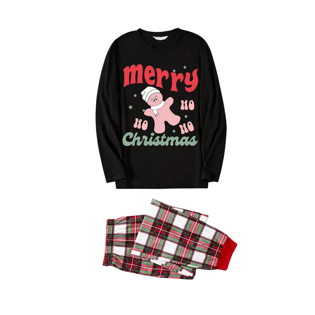Merry Christmas Cute Cartoon Prints 2024 Black Long Sleeve with Fashionable Red and Green Plaid Pants Family Matching Pajamas