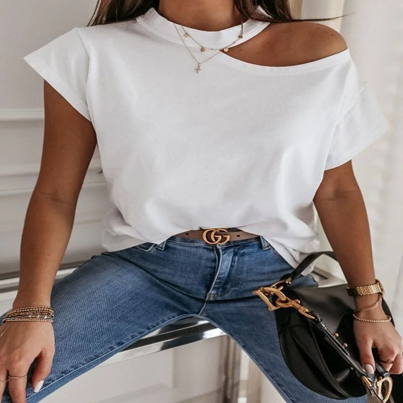 Wongn Wongn Simple Solid Color Hanging Neck Short Sleeves And Shoulders Splicing Irregular T-Shirt Women's Clothing