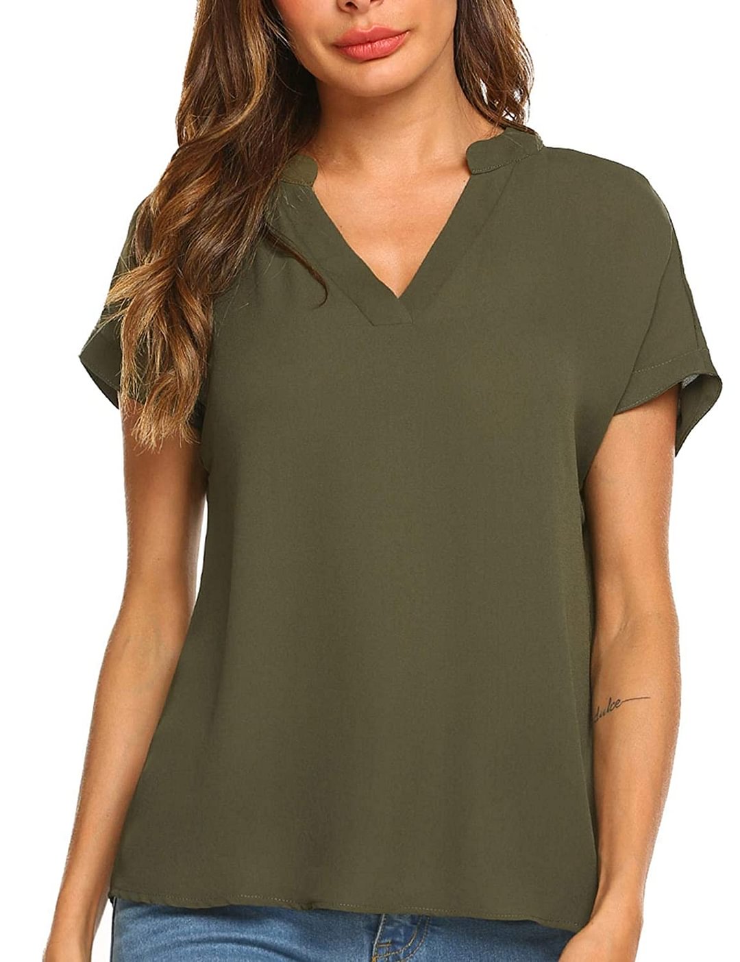 Women Chiffon Blouse V Neck Short Sleeve Casual Top Shirts for Summer