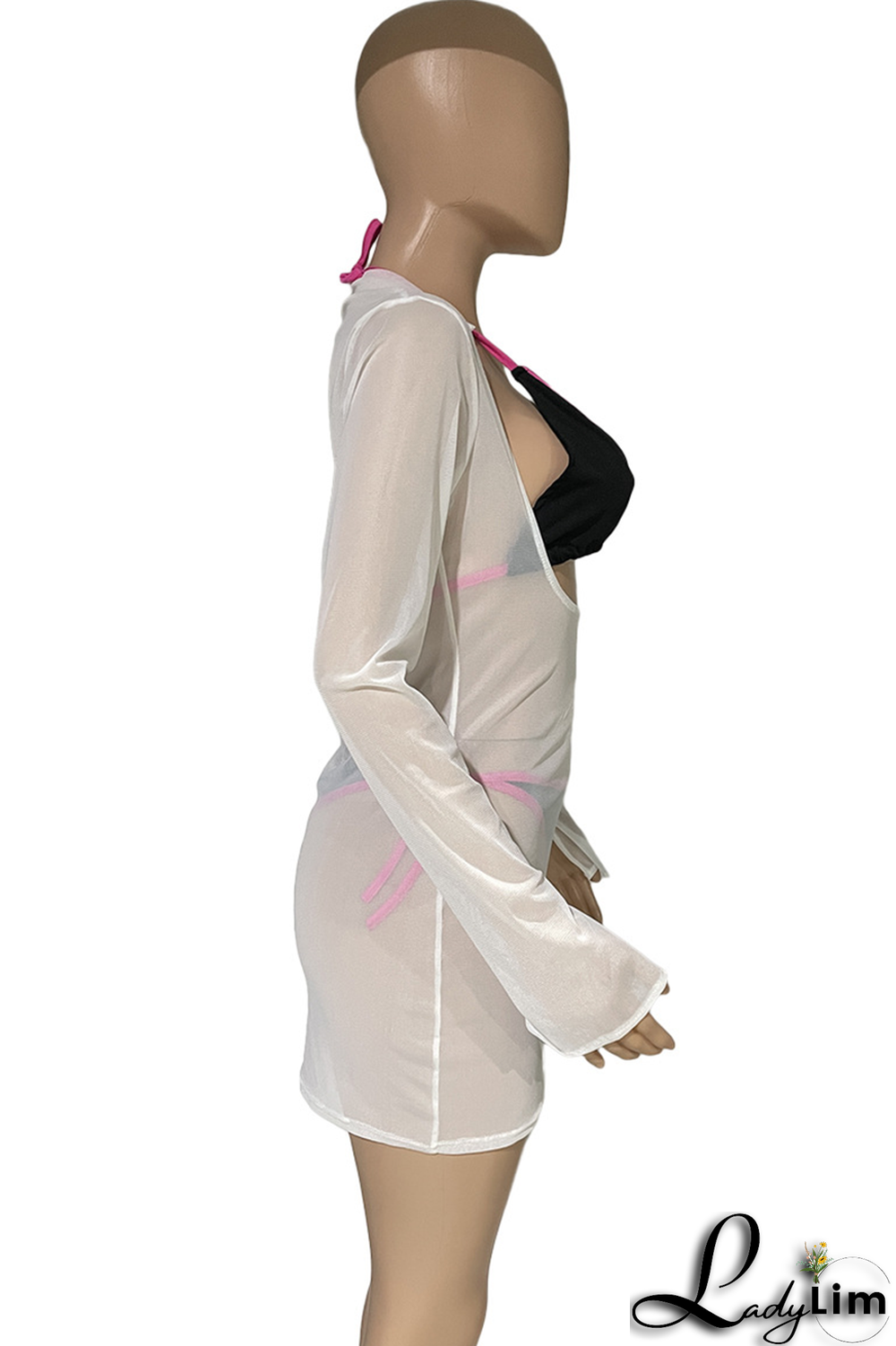 White Sexy Solid Mesh Halter Long Sleeve Three Pieces