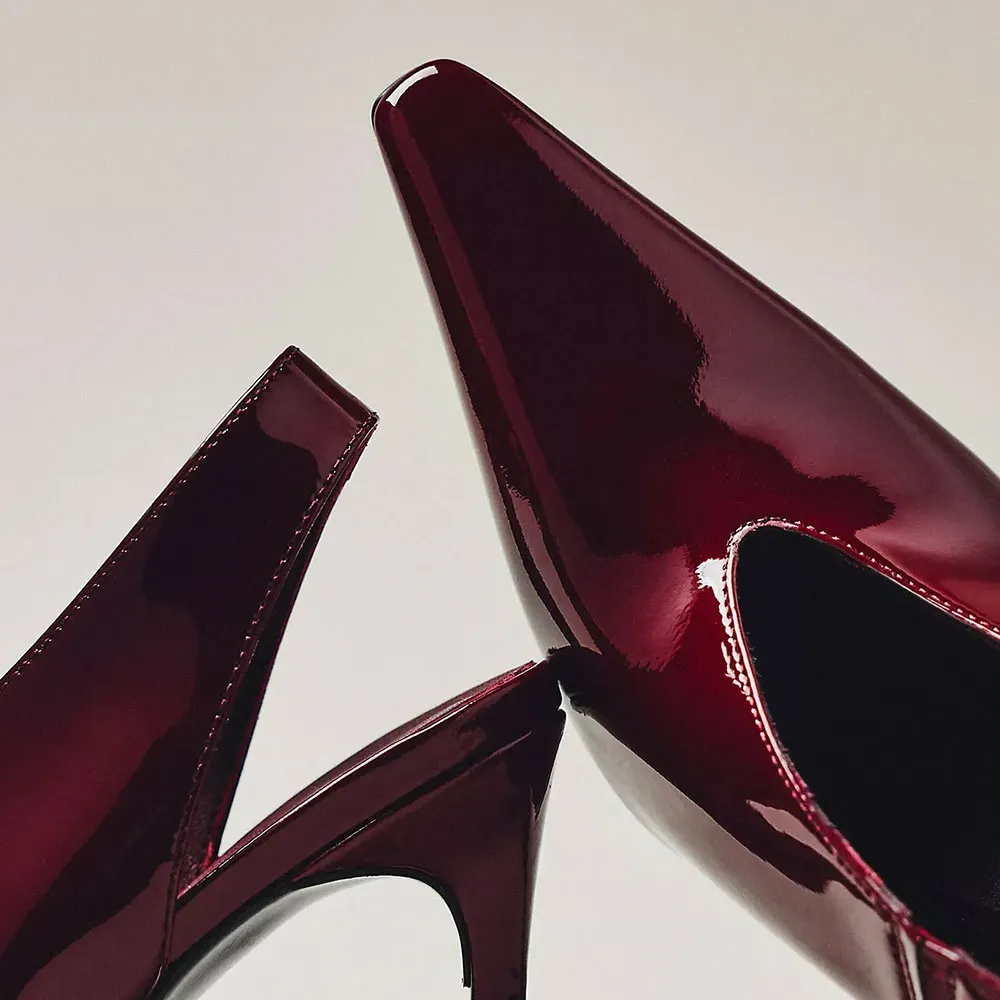 Patent Leather Pointed Toe Slip On Maroon Slingback Pumps Heels