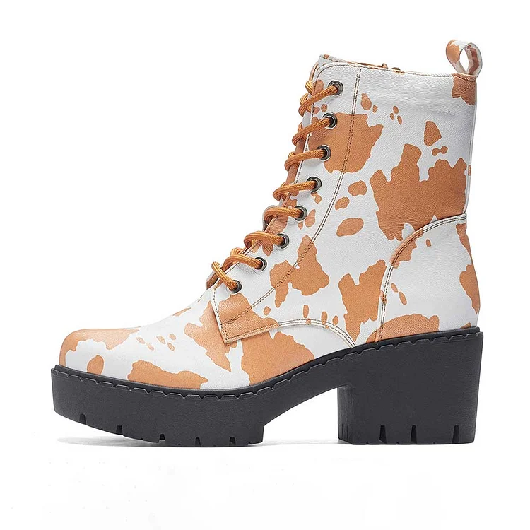 White & Brown Cow Print Round Toe Chunky Platform Lace Up Boots |FSJ Shoes