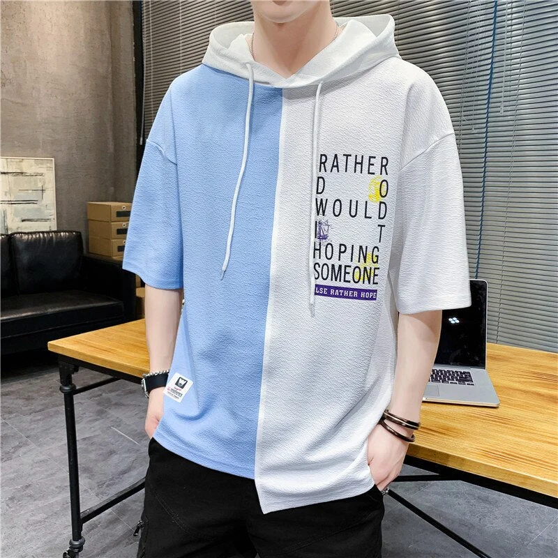 2021 New Men's T-Shirt Top Breathable Stitching Men's Cotton Short-Sleeved Loose Round Neck Hong Kong Style Men's Clothing