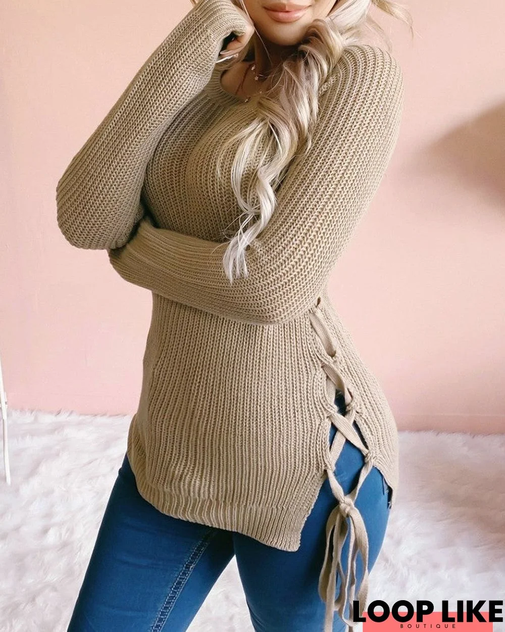 Side Lace Up Long Sleeve Casual Knit Sweater
