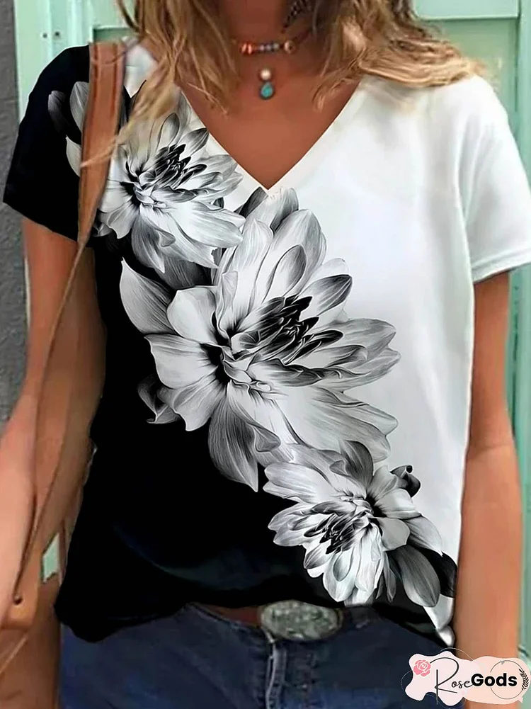 Shift V Neck Floral Short Sleeve T-Shirt