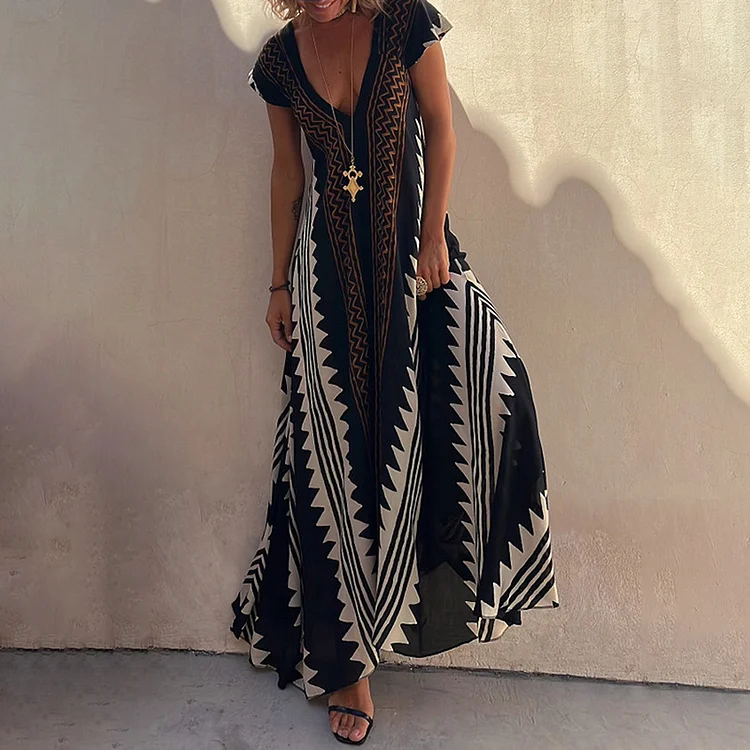 Comstylish Vintage Geometric Print Holiday Style Sleeveless Maxi Dress