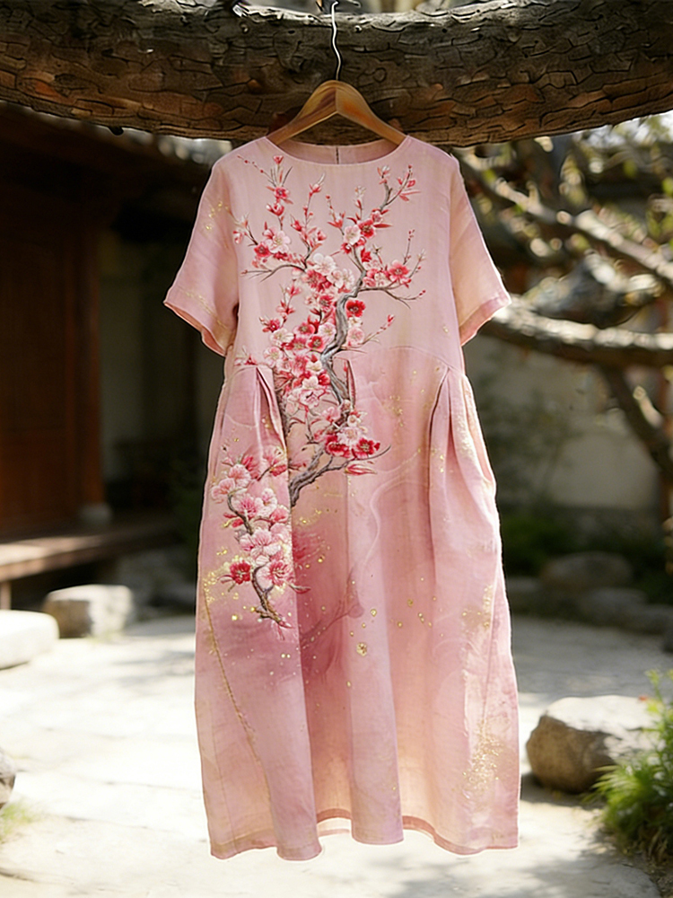 Classy Cherry Blossom Flowy Linen Maxi Dress elevenforest