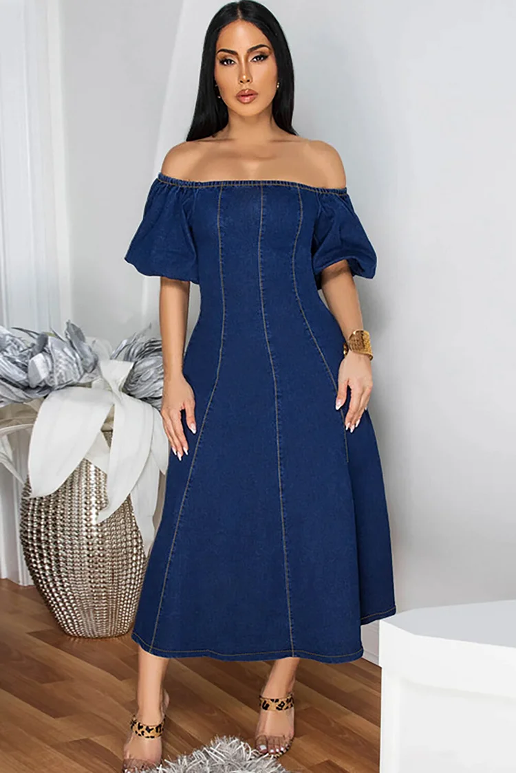 Off Shoulder Boat Neck Puff Sleeve Cinch Waist Denim Midi Dresses-Blue