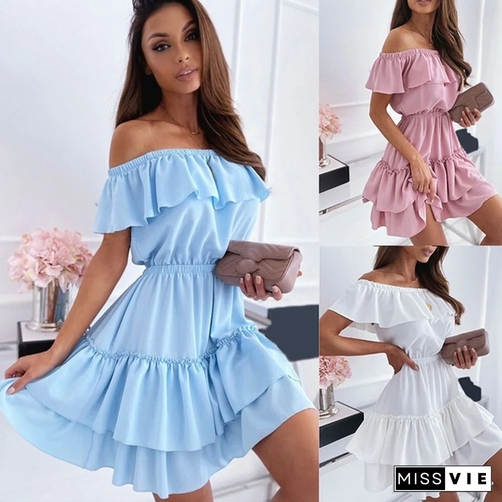 Slash Neck Elegant Dresses for Women Ruffles Decor Patchwok Summer Party Dress Vestidos Ladies Dresses