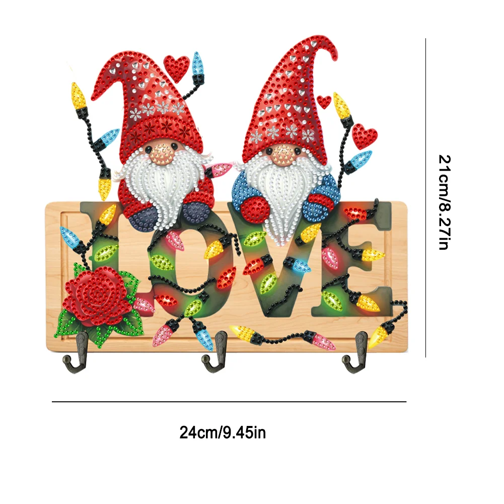DIY Love And Gnome Wooden Special Shape 3 Hooks No Punch Diamond Painting Hook Rail