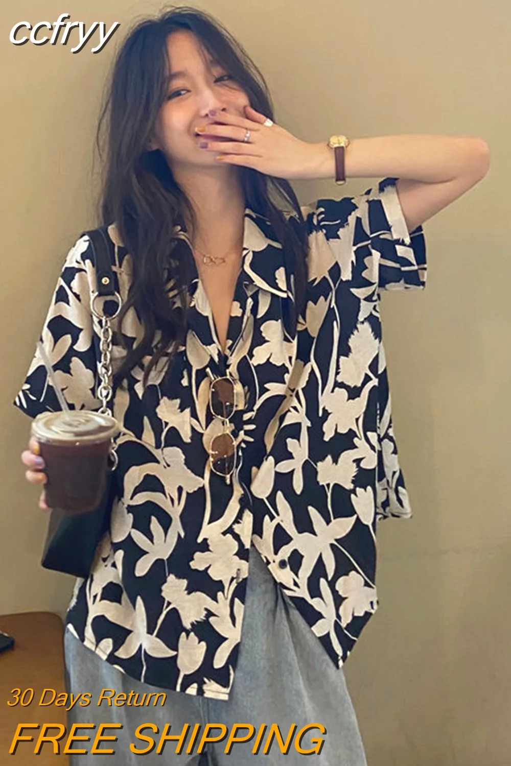 Huibahe Floral Printing Button Up Women Shirt Oversize Short Sleeve Office Lady Womens Blouse 2023 Summer Loose Female Shirts