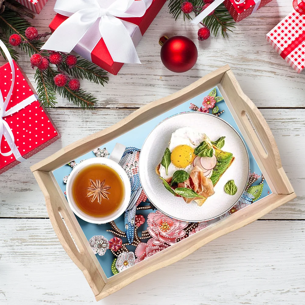 Wooden Flowers Birds 5D DIY Diamond Painting Serving Tray for Home Decor