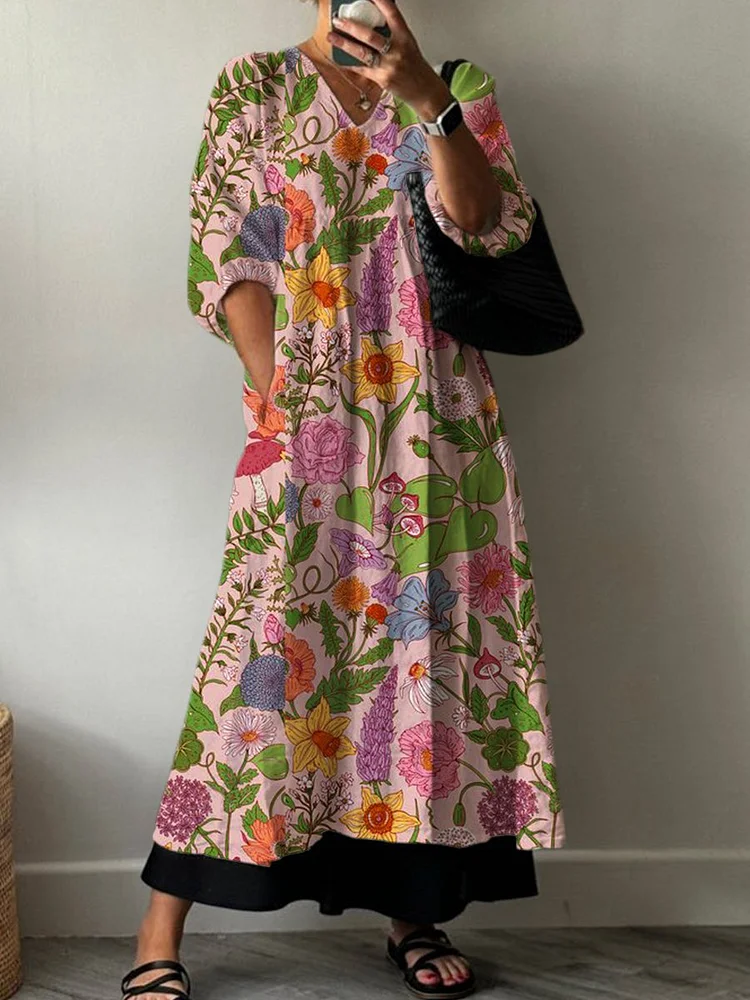 Women's Artistic Flowers Print Pocket V-neck Cotton Dress