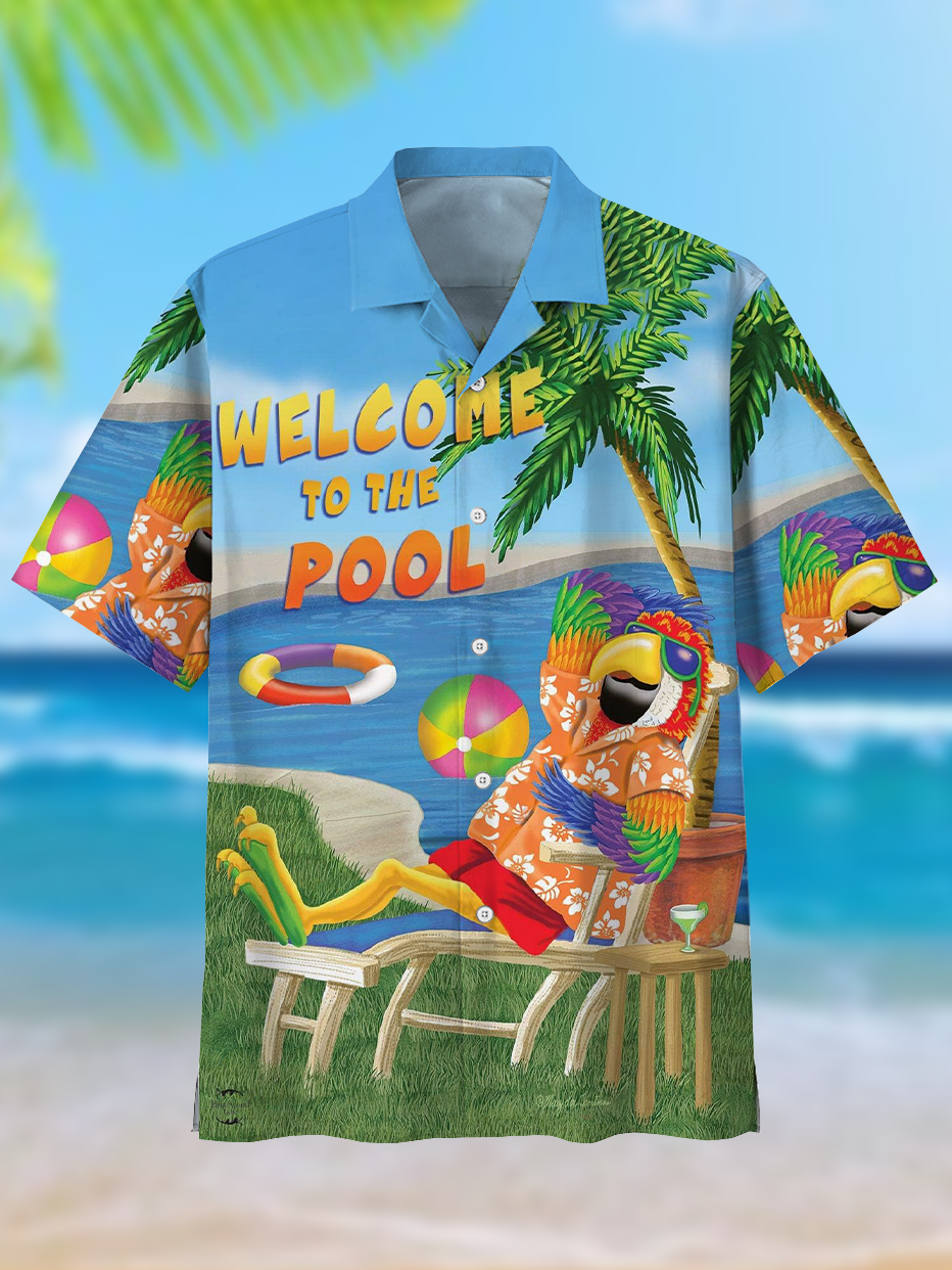 Men's Comfortable Hawaiian Vacation Drinks Cartoon Blue Cuban Collar Printed Shirt PLUSCLOTHESMAN