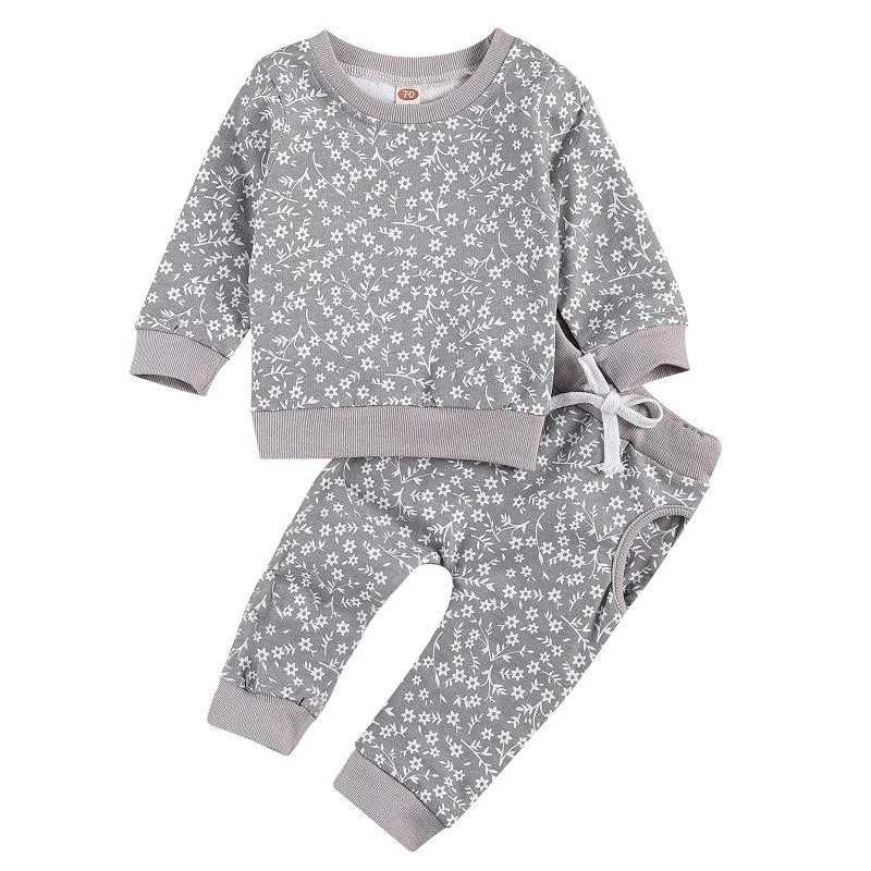 Infant 2Pcs Outfits Clothes Set, Babies Floral Printed Pattern Round Collar Top + Long Pants, Khaki/ Pink/ Grey