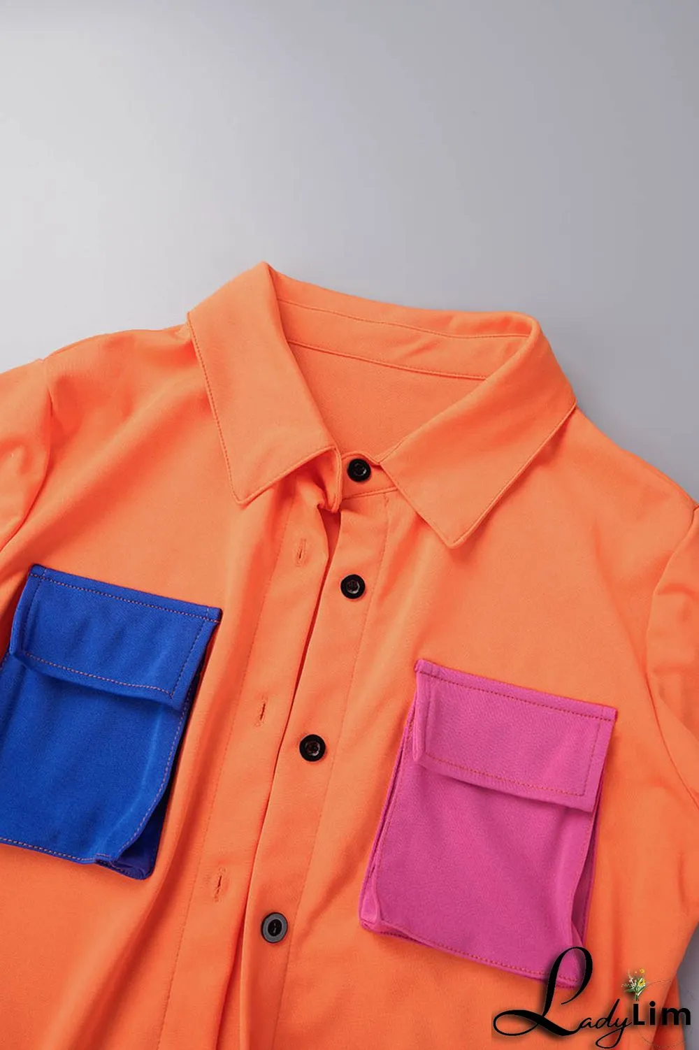 Blue Casual Solid Patchwork Contrast Shirt Collar Short Sleeve Two Pieces