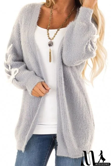 Gray Soft Long Sleeve Cardigan with Stitch Detail