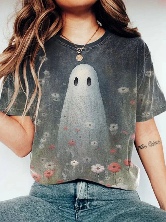 Women's Ghost Floral Print Round Neck T-shirt