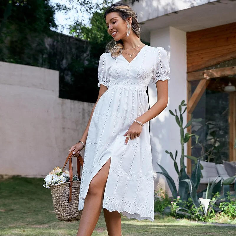 Simplee Cotton hollow out midi summer dress women  Office puff short sleeve split shirt dress white  Causal beach mujer vestidos