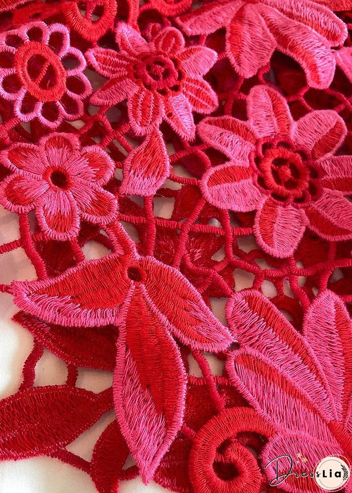 Natural Red V Neck Hollow Out Lace Long Dress Summer