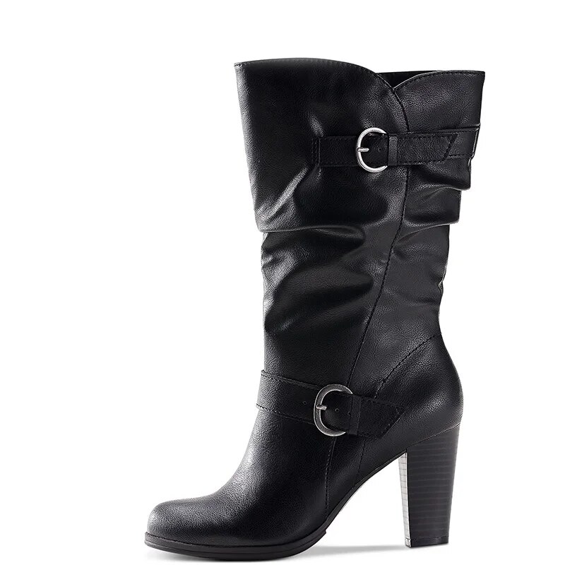TAAFO Cognac Knee Long Boots Women High Chunky Heels Round Toe Zipper Ladies Buckle Strap Shoes