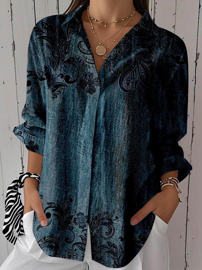 Women 3/4 Sleeve Shirt Collar Floral Printed Graphic Button Tops