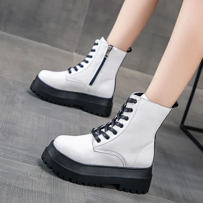 Qengg White Color Soft PU Leather Ankle Boots Women Platform Motorcycle Booties Female Autumn Winter Shoes Woman Goth Short Boots