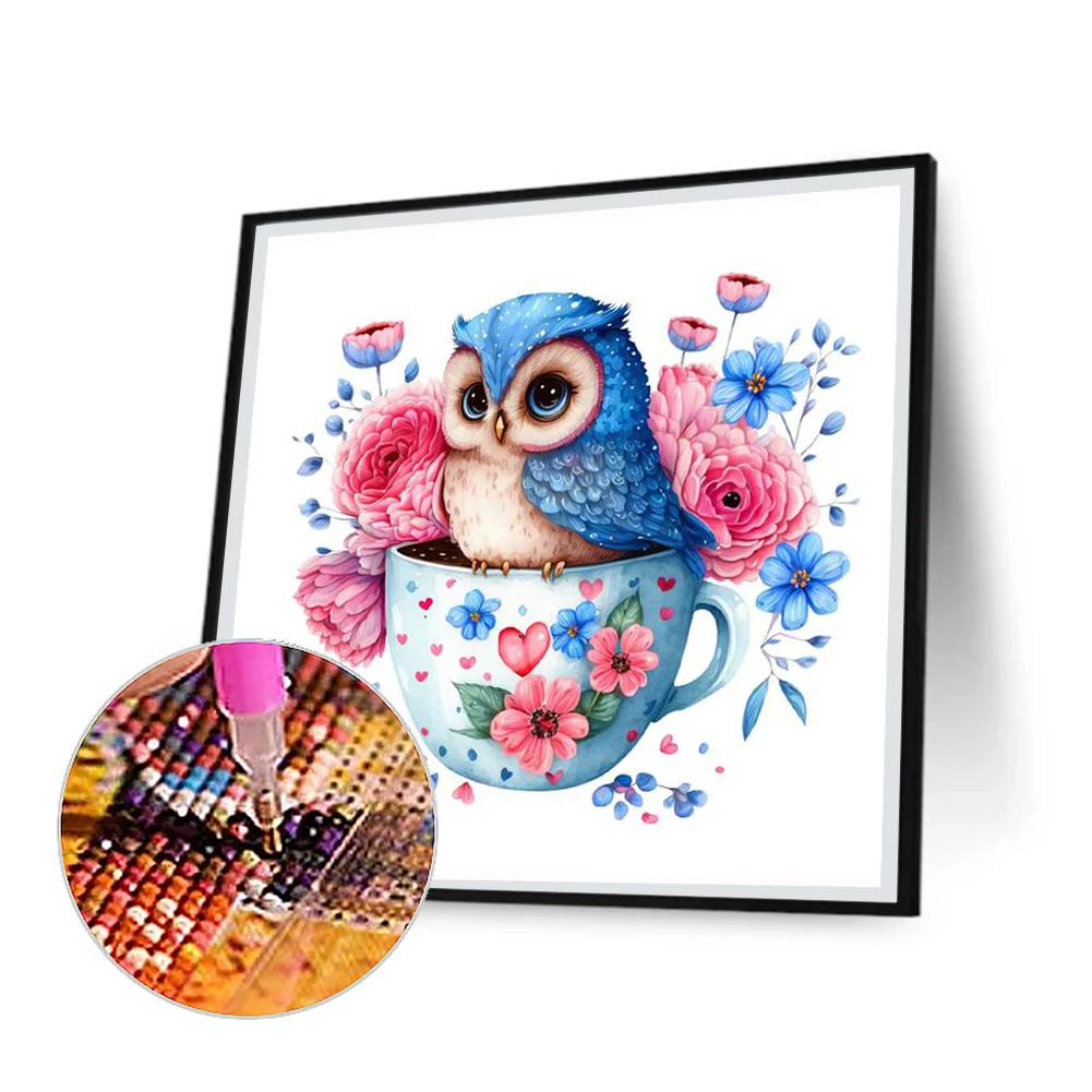 Full Round Diamond Painting 30*30cm - Blue Flowers Owl