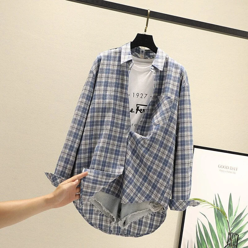 Women Blouses Shirts Tunic Womens Tops 2020 Long Sleeve Clothing Button Up Down Plaid New Fashion Autumn Turn-down Collar Good