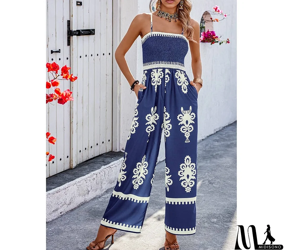 MidiSono - Off Shoulder Ruched Printed High Waist Jumpsuit