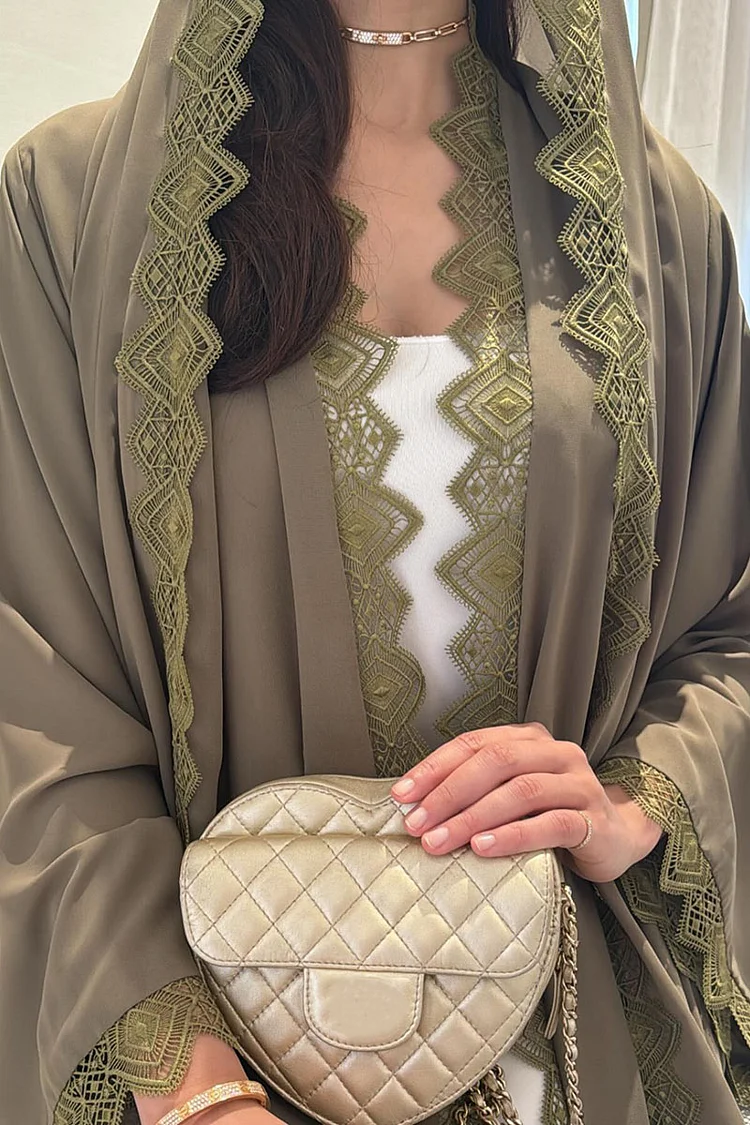 Geometric Lace Trim Casual Abaya Long Cardigan With Head Scarf [Pre Order]