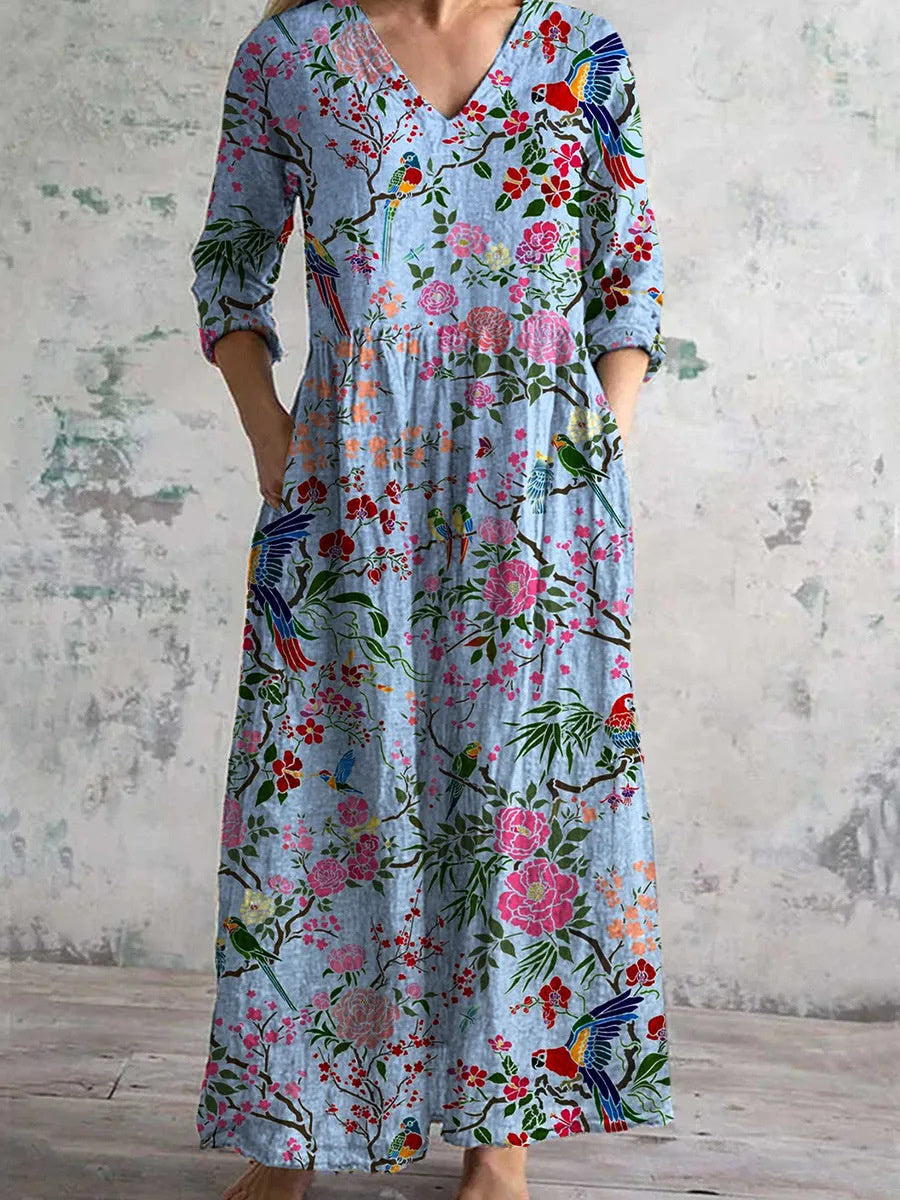 Women's Long Sleeve V-neck Graphic Printed Midi Dress