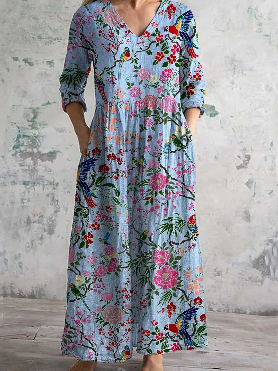 Women's Long Sleeve V-neck Graphic Printed Midi Dress