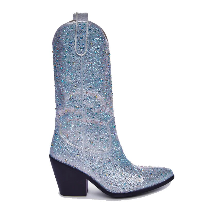 VCSHOES Women's Ankle Boots Cowboy Short Ankle Boots Chunky Heel Cowgirl Boots Crystal Mid Calf Western Boots 44