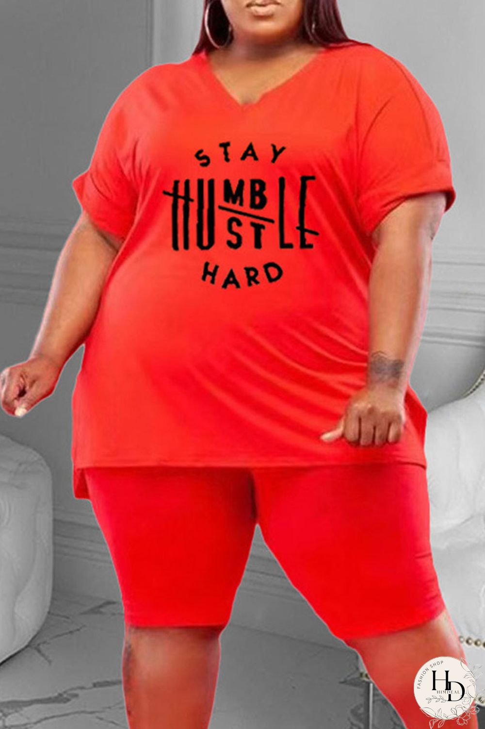 Red Casual Print Split Joint Slit V Neck Plus Size Two Pieces