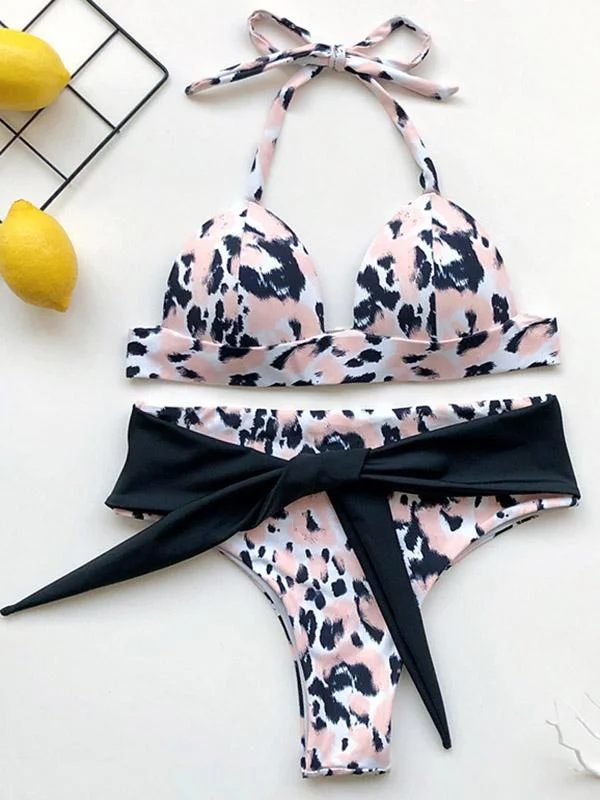 Leopard Print Bandage Split Bikini Swimsuit