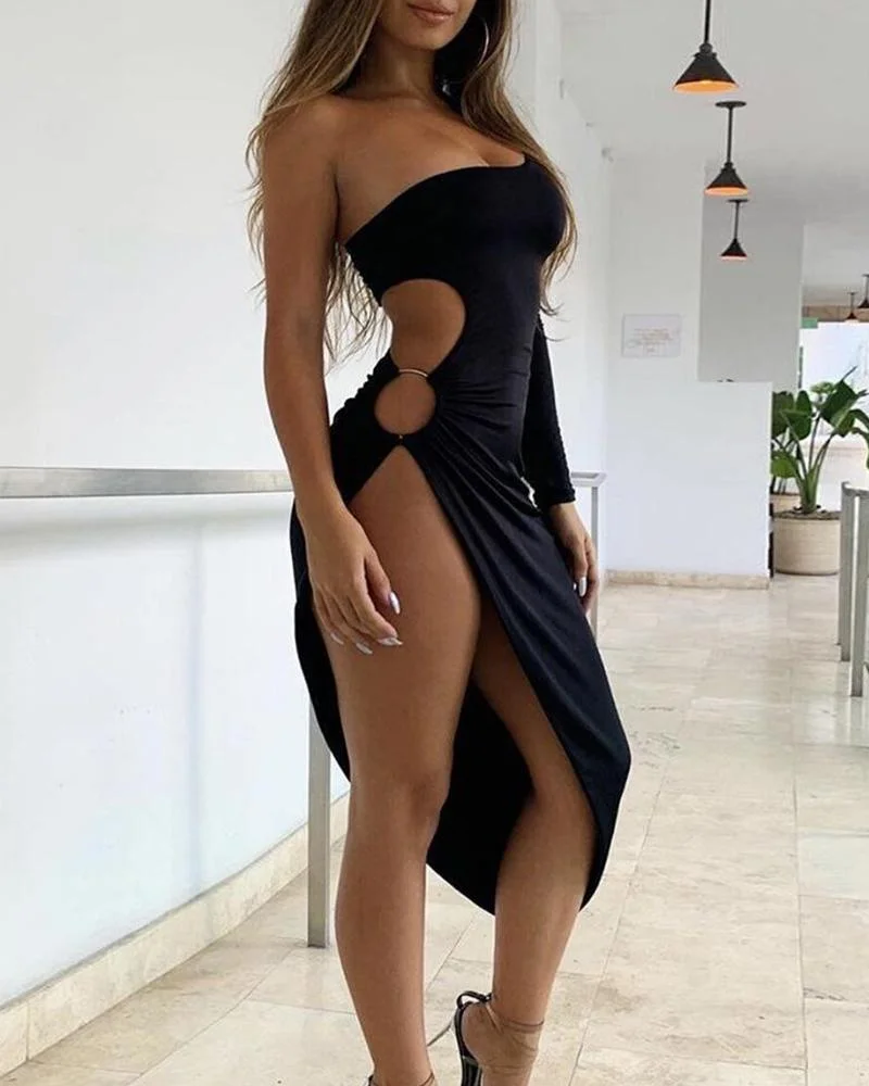 Solid One Shoulder Cut Out Dress