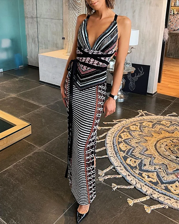 Women's V-neck slit striped Dress