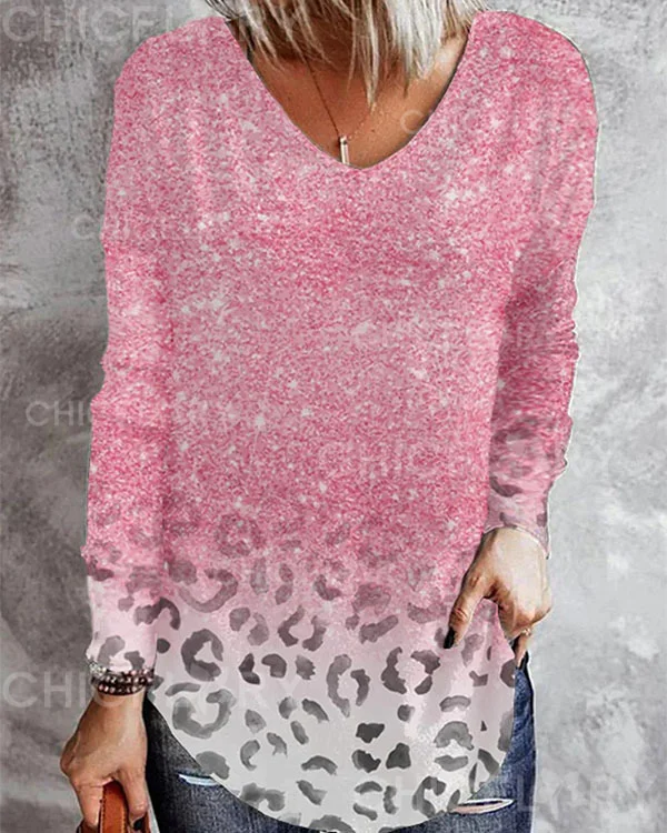 Pink Leopard Print  Casual V-Neck  Top