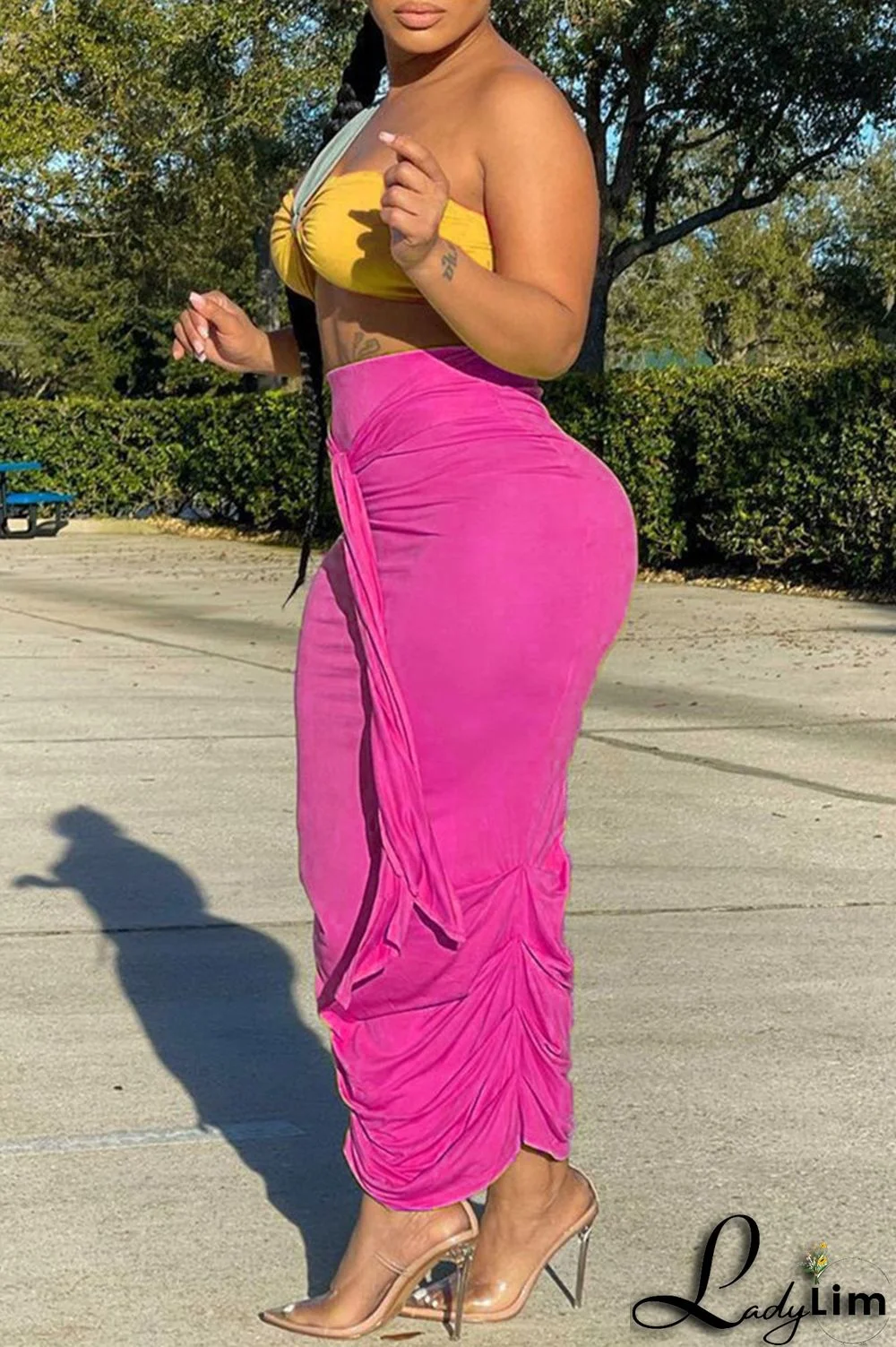 Orange Fashion Sexy Solid Split Joint Backless Strapless Sleeveless Two Pieces