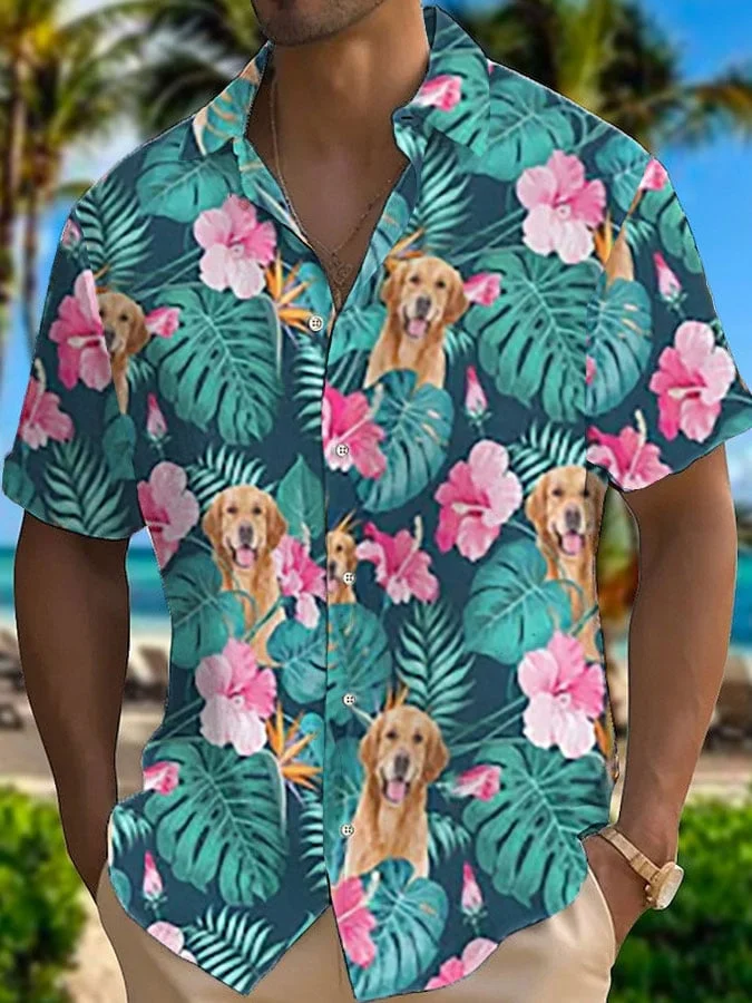 Men's Tropical Style Hawaii Palm Tree Cool Dog Print Casual Shirt