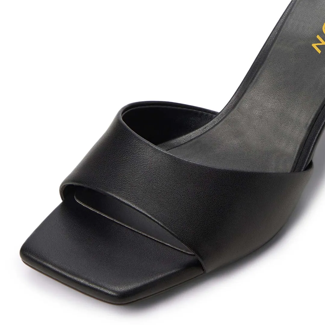 Black Vegan Leather Open Square Toe Chunky Heel Mules Sandals