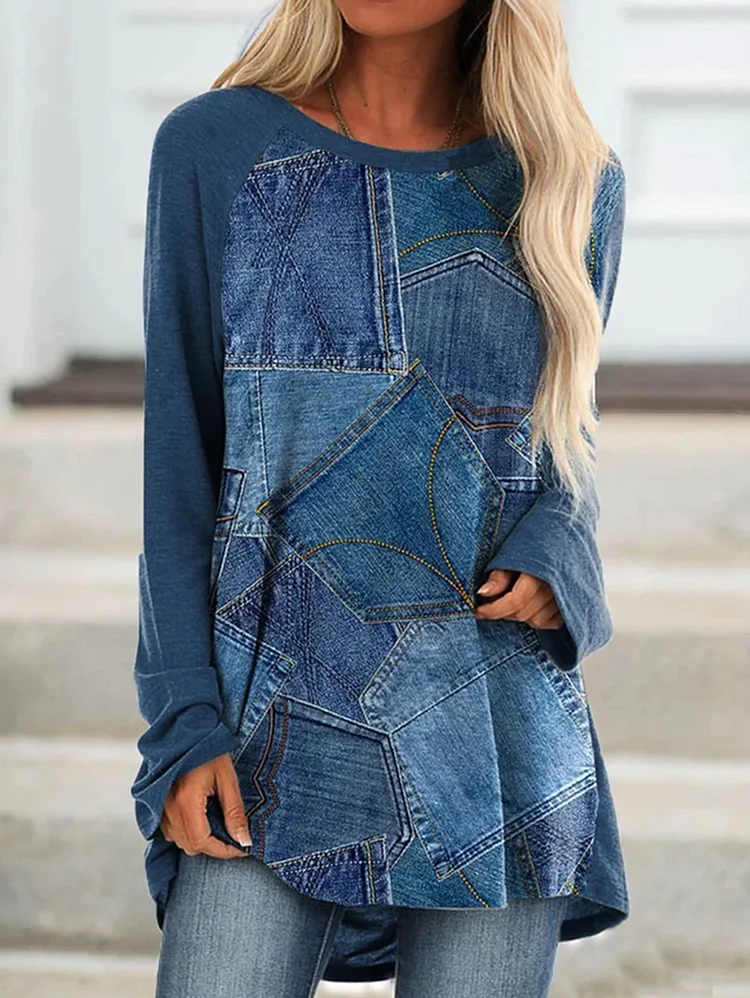 Casual Patchwork Crew Neck Long Sleeve Loose Blouse