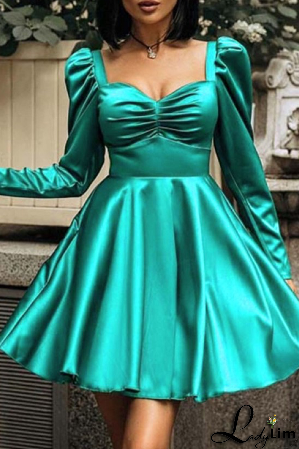Green Sexy Solid Split Joint Square Collar Cake Skirt Dresses