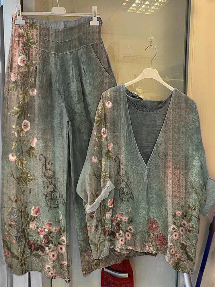 Women's Retro Ethnic Floral Print V-Neck Top Wide-Leg Pants Cotton Linen Suit