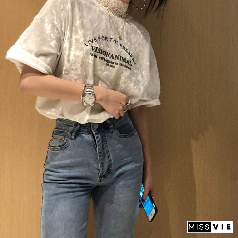 Round Neck Letter Printed Velvet Top