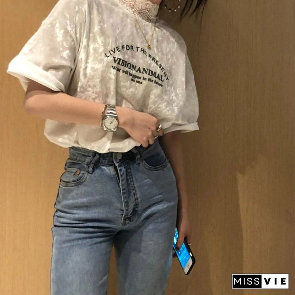 Round Neck Letter Printed Velvet Top